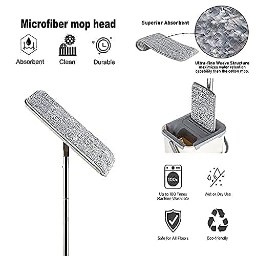 Microfiber Flat Mop with Bucket Cleaning Squeeze Hand Free Floor Mop, Extra 1 Reusable Mop Pads, Handle Scratch Mop