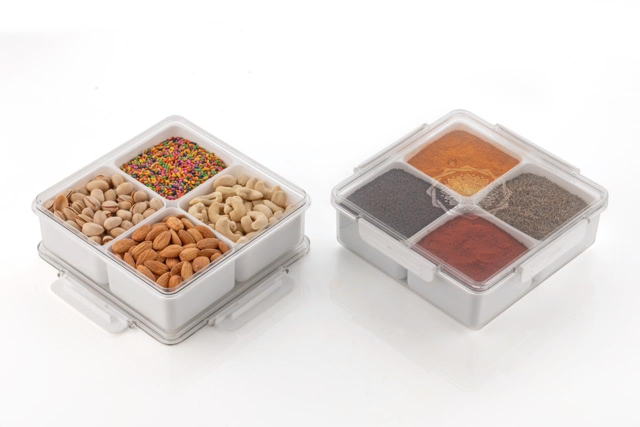 Plastic 4 Section Masala Box for Kitchen, Spice Dry Fruit Box Transparent Dry Fruit Dabba Storage Container 4 Compartments with 4 Side Lock (White)