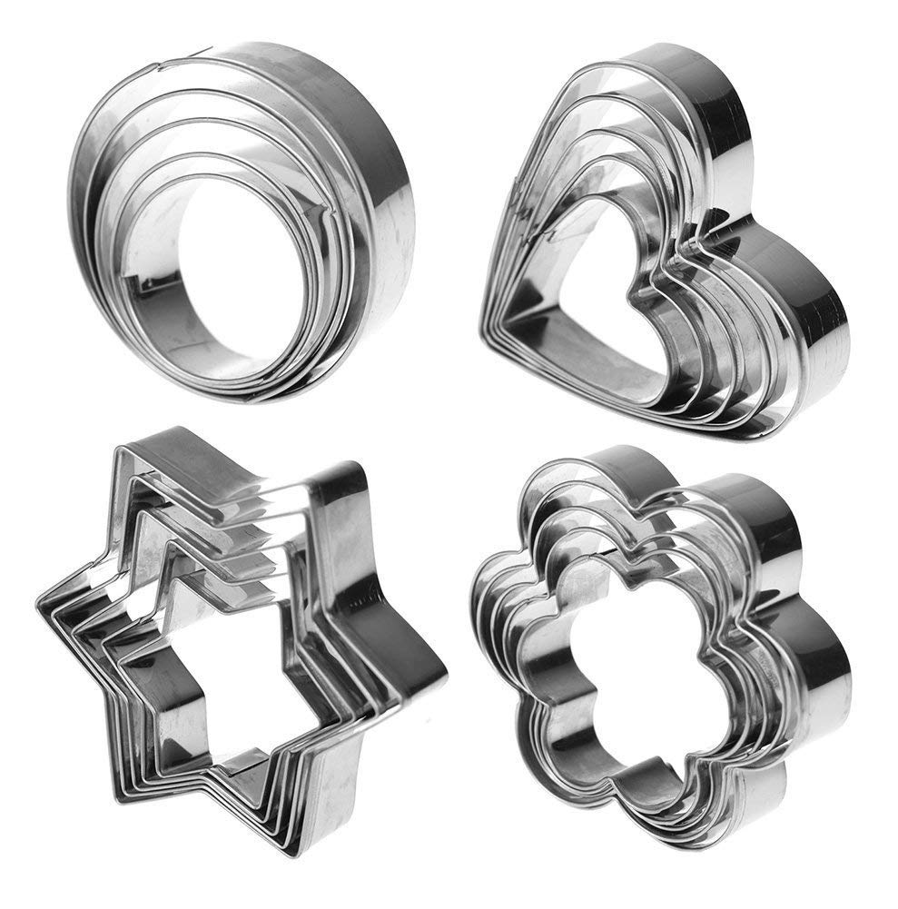 Cookie Cutter 20Pcs Set/Stainless Steel Heart Flower Round Star 4 Different Shapes Cookie Cutter Set Biscuit Mould, Fruit Cutters, Cake Pastry Mold for Kitchen Baking Tools Set