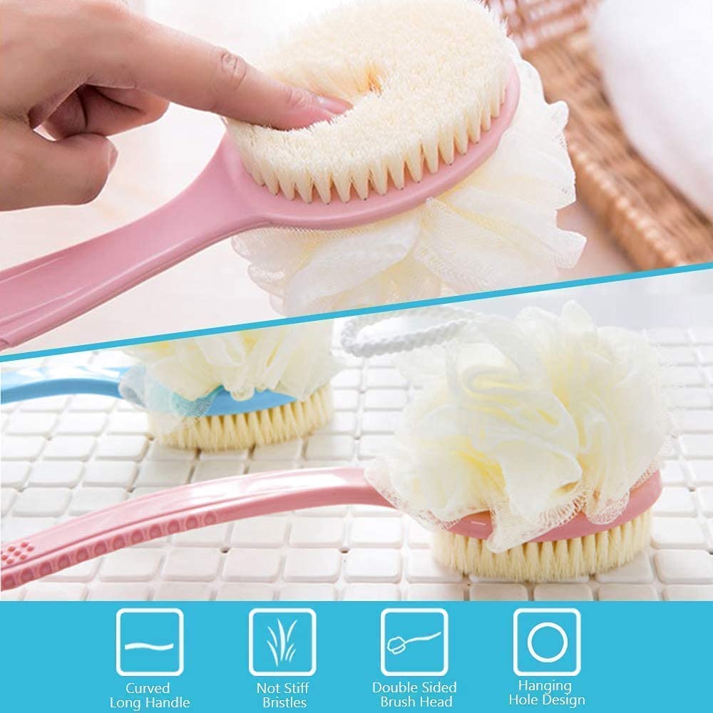 Pack of 2 Pcs 2 IN 1 Back Body Bath Brush with Bristles and Loofah Back Scrubber with Curved Long Handled for Skin Exfoliating Bath, Massage Bristles Suitable for Wet or Men and Women (2 Pcs Combo)