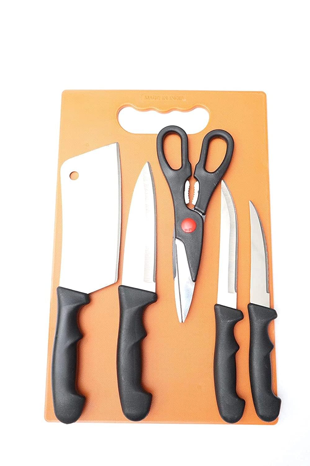 Plastic Chopping Board with Knife Set and Scissor, 6 Piece Stainless Steel Kitchen Knife Knives Set with Knife Scissor n Knife Sets