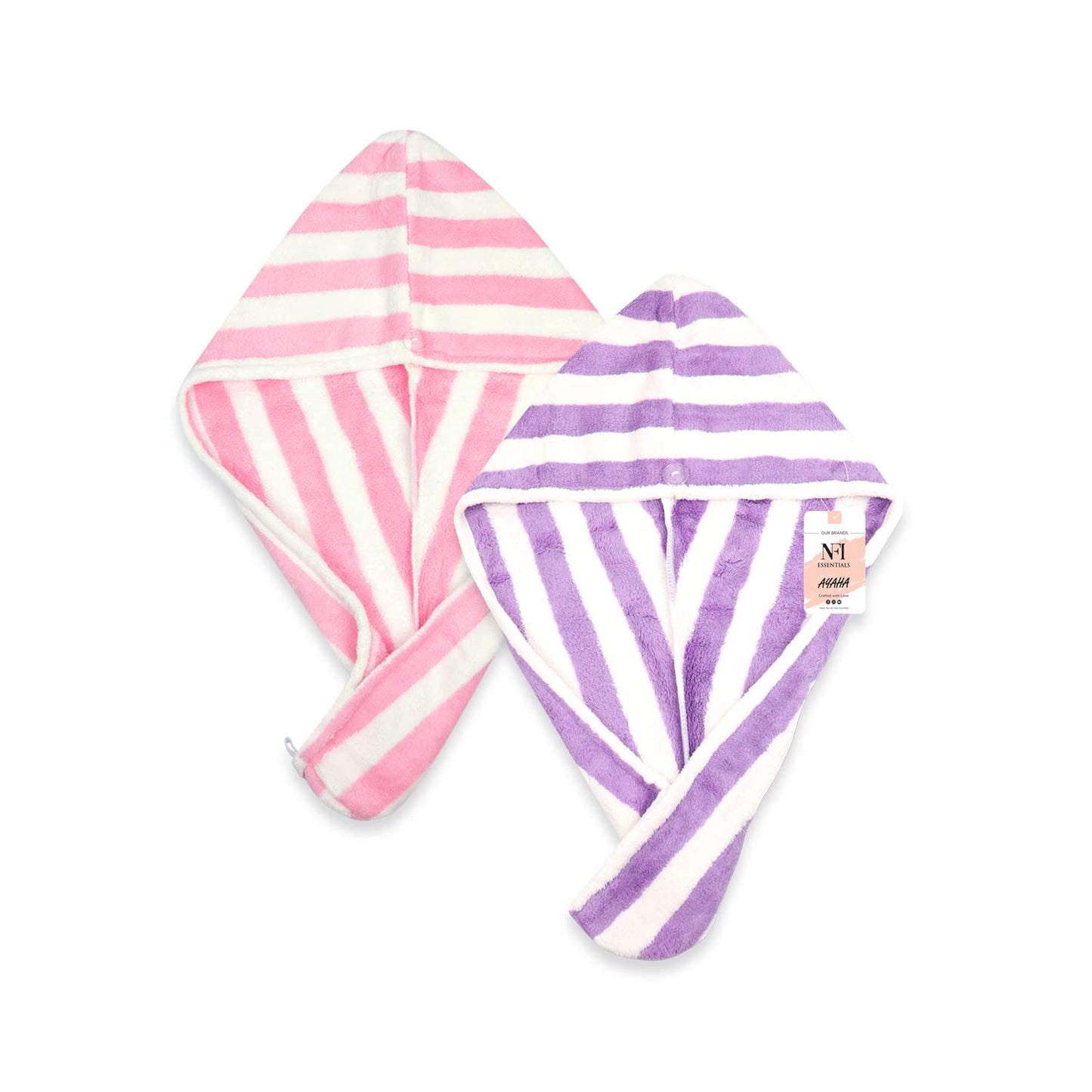 Pack of 2 Warp Absorbent Hair Drying Microfiber Head Towel, Super Absorbent Towel Cap Salon Towel Quick Dry Shower Hair Towel Wrap with Button for Women (Purple & Pink)