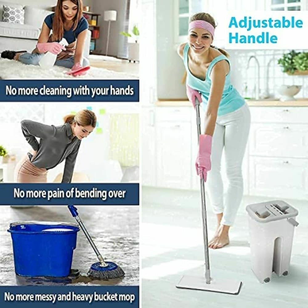 Microfiber Flat Mop with Bucket Cleaning Squeeze Hand Free Floor Mop, Extra 1 Reusable Mop Pads, Handle Scratch Mop