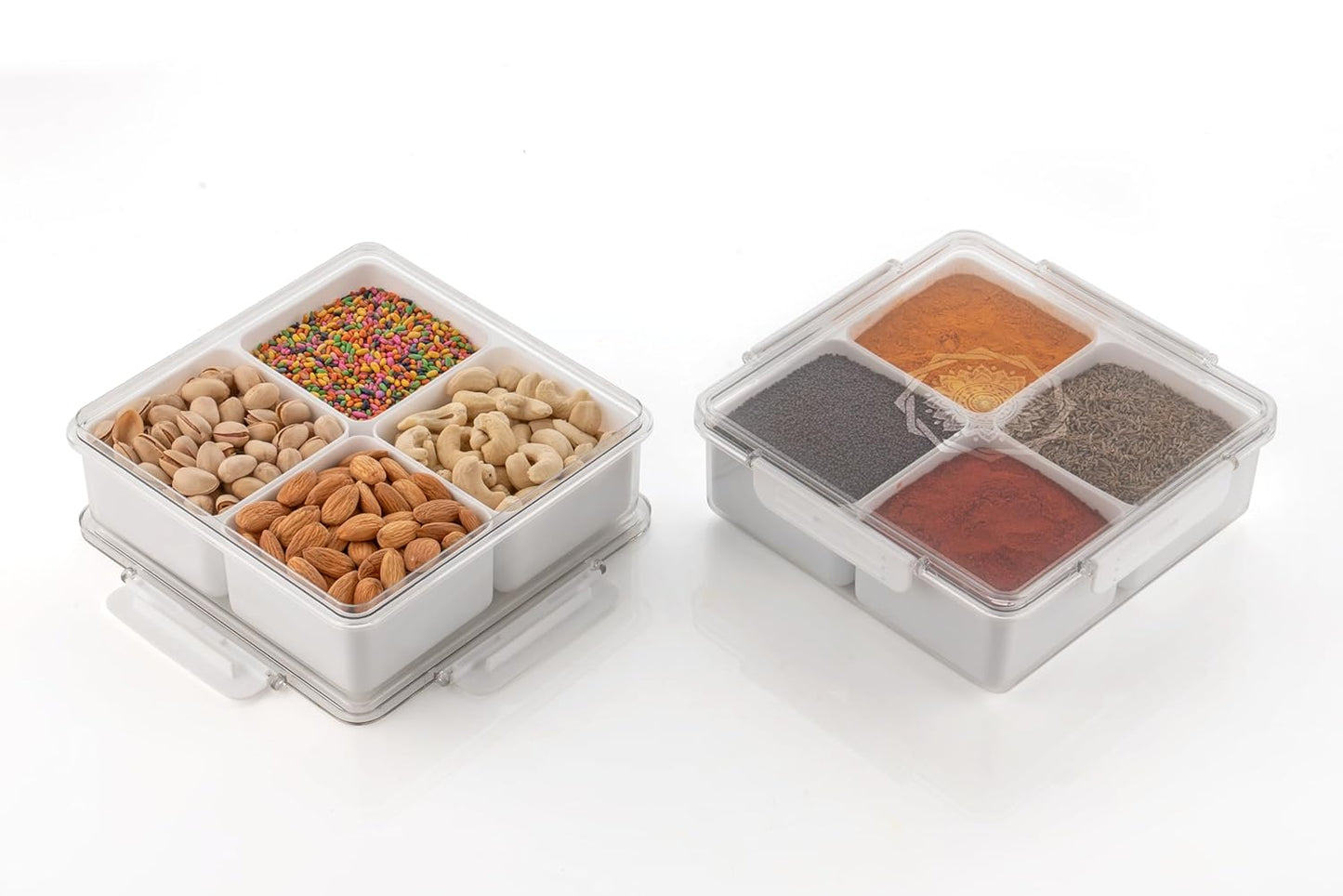 Plastic 4 Section Masala Box for Kitchen, Spice Dry Fruit Box Transparent Dry Fruit Dabba Storage Container 4 Compartments with 4 Side Lock (White)