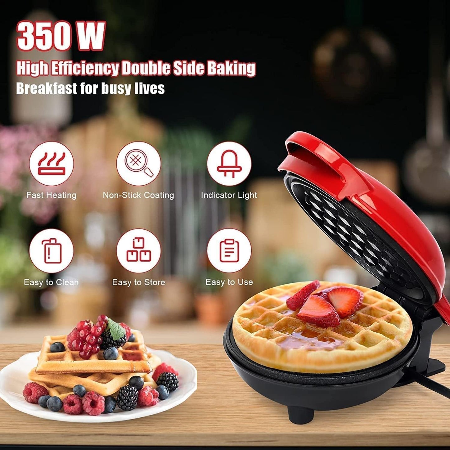 Mini Waffle Maker 4 inch 350 Watts Gingerbread Non-Stick Waffle Maker Machine Dual Side Heating Easy to Store Housewarming Gift