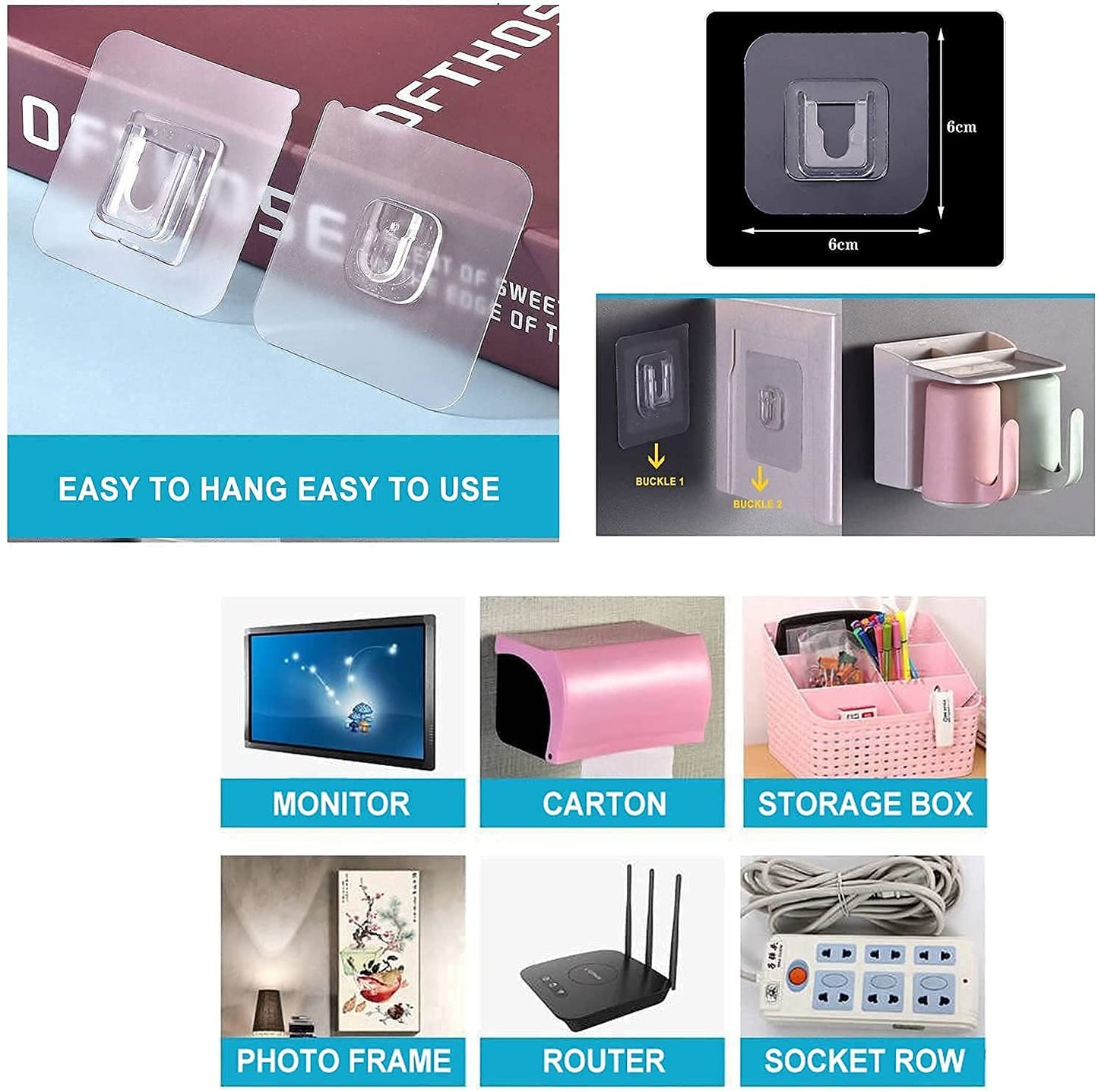 Self Adhesive Male Female Wall 10KG Max Plastic Magic Sticker Hooks for Hanging Hanging Mobile Case Spike Guards Toilet Brush Photo Frames Bathroom Kitchen Accessories (Pack of 6 Set)