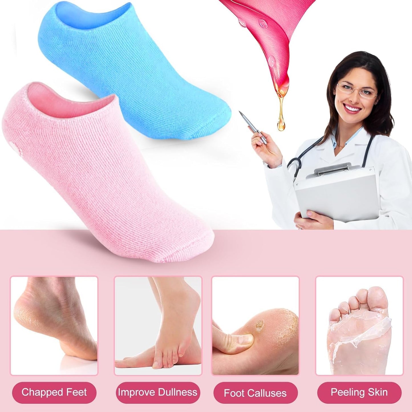 Moisturizing Socks Heel Gel Sock Rough Foot Care Treatment Soft Silicone Gel Lined Infused Lotion Spa Socks Cotton Gel Sleeves for Repairing Softening Dry Cracked Feet Skins