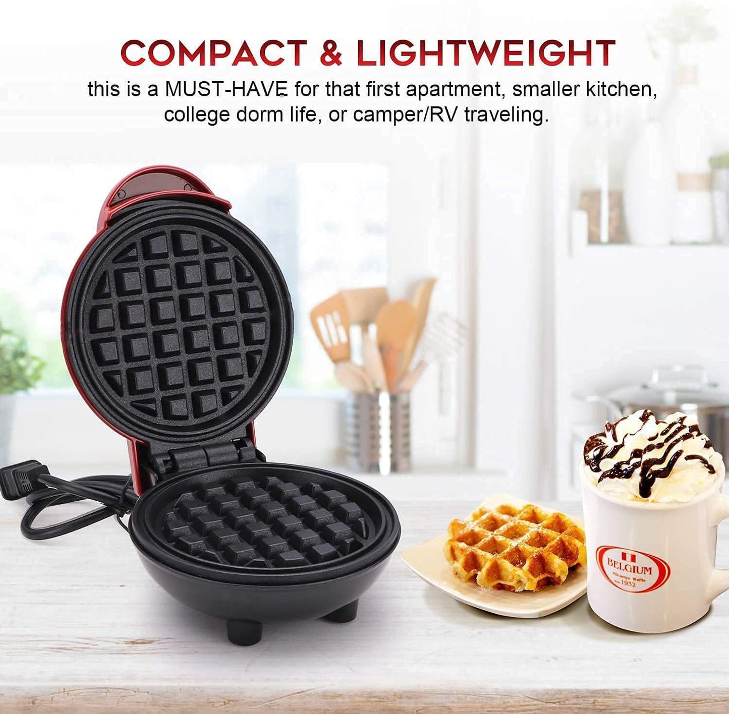 Mini Waffle Maker 4 inch 350 Watts Gingerbread Non-Stick Waffle Maker Machine Dual Side Heating Easy to Store Housewarming Gift