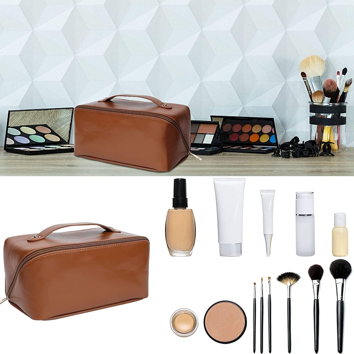 Portable Makeup Bag Large Capacity Storage Bag Travel PU Leather Waterproof Multi Functional Toiletry Bag Cosmetic Bag Dividers for Makeup Brushes Organizer
