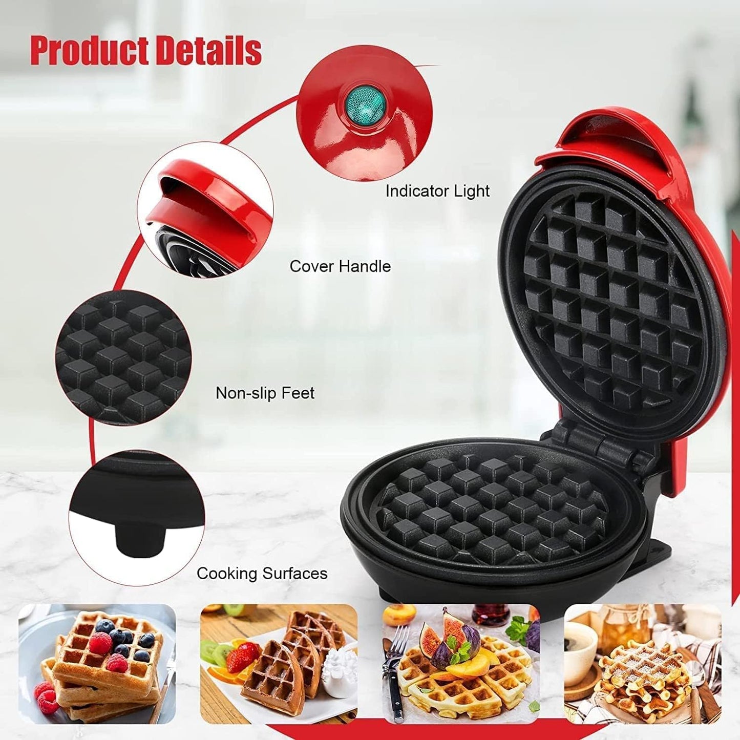 Mini Waffle Maker 4 inch 350 Watts Gingerbread Non-Stick Waffle Maker Machine Dual Side Heating Easy to Store Housewarming Gift