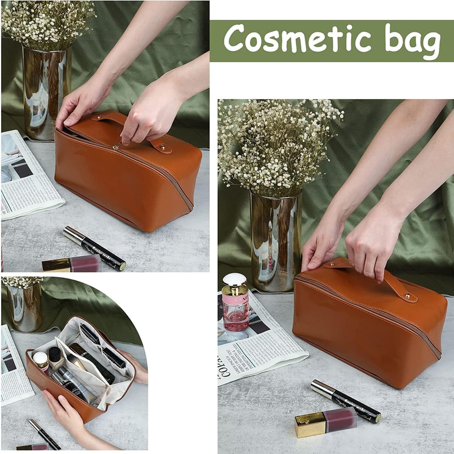 Portable Makeup Bag Large Capacity Storage Bag Travel PU Leather Waterproof Multi Functional Toiletry Bag Cosmetic Bag Dividers for Makeup Brushes Organizer