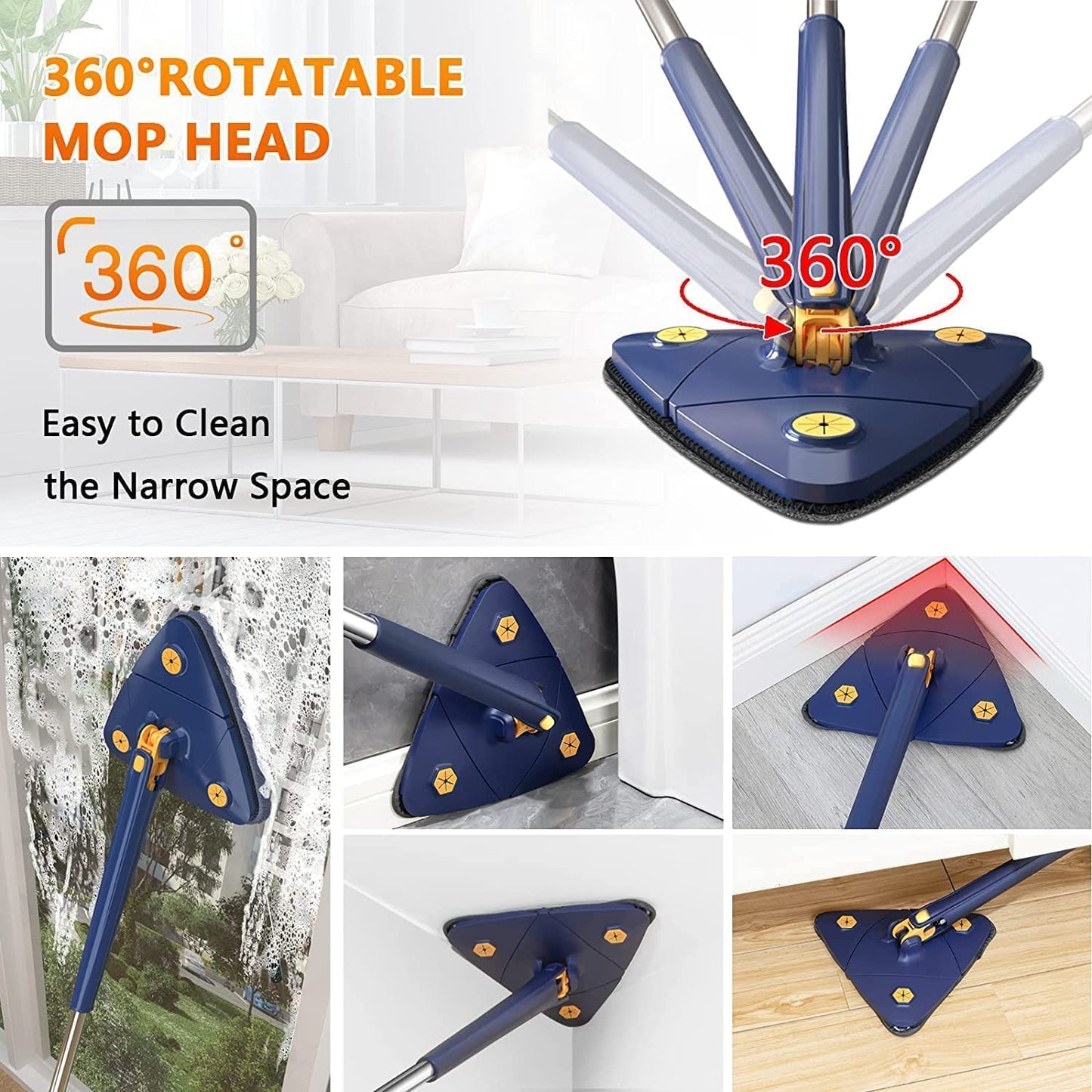 360° Rotatable Adjustable Triangle Multi functional Cleaning Triangle Mop with SS Long Handle Push-Pull Squeezing Cleaning Mop Dry n Wet Mop for Floor Windows Ceiling