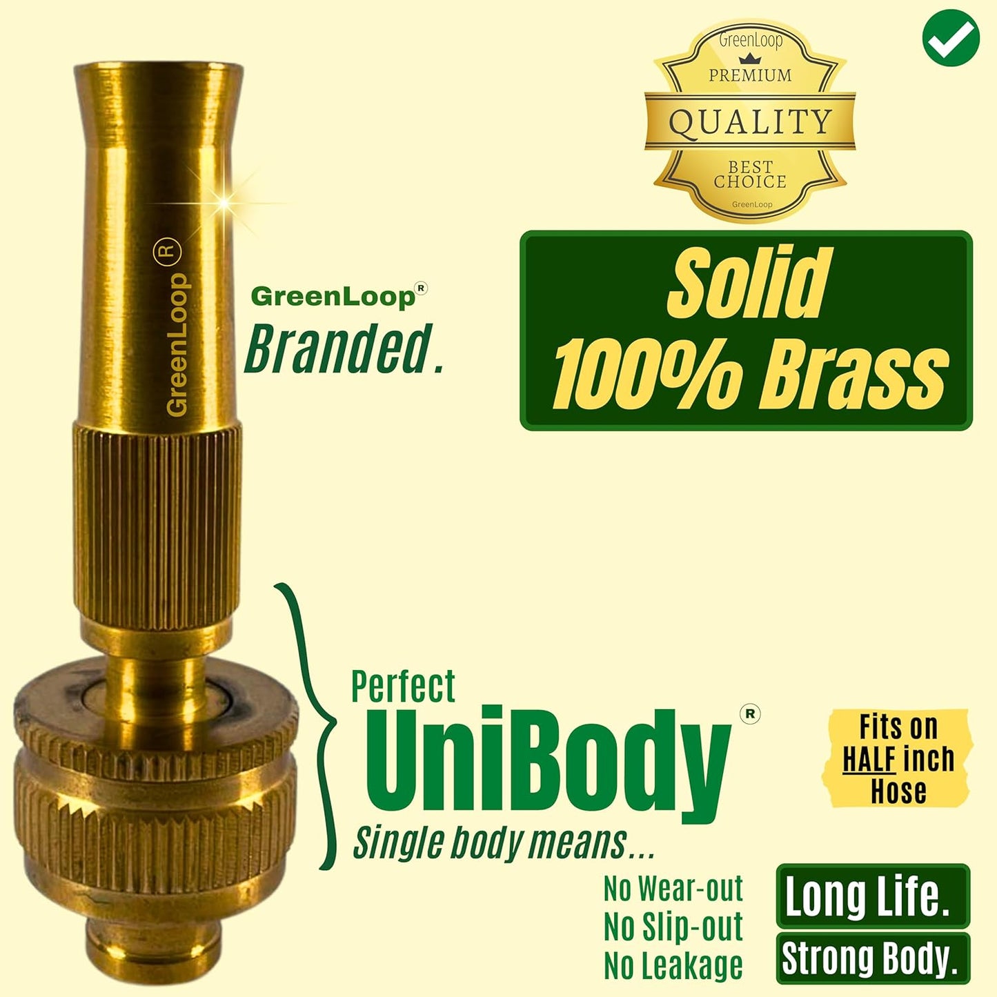 Solid BRASS Water Spray Nozzle for all 1/2” hoses, PATENTED UNIBODY Model, Adjustable Water Jet Spray Gun, High Pressure, Wash Bike-Car-Pets, Garden, 1/2" Half Inch, 1 nos