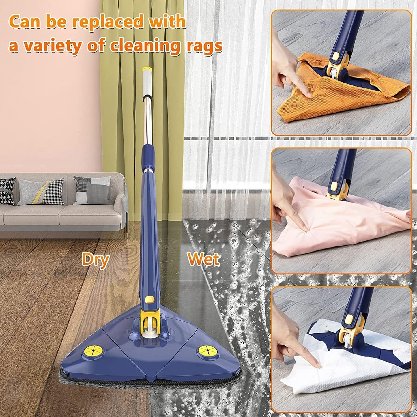 360° Rotatable Adjustable Triangle Multi functional Cleaning Triangle Mop with SS Long Handle Push-Pull Squeezing Cleaning Mop Dry n Wet Mop for Floor Windows Ceiling