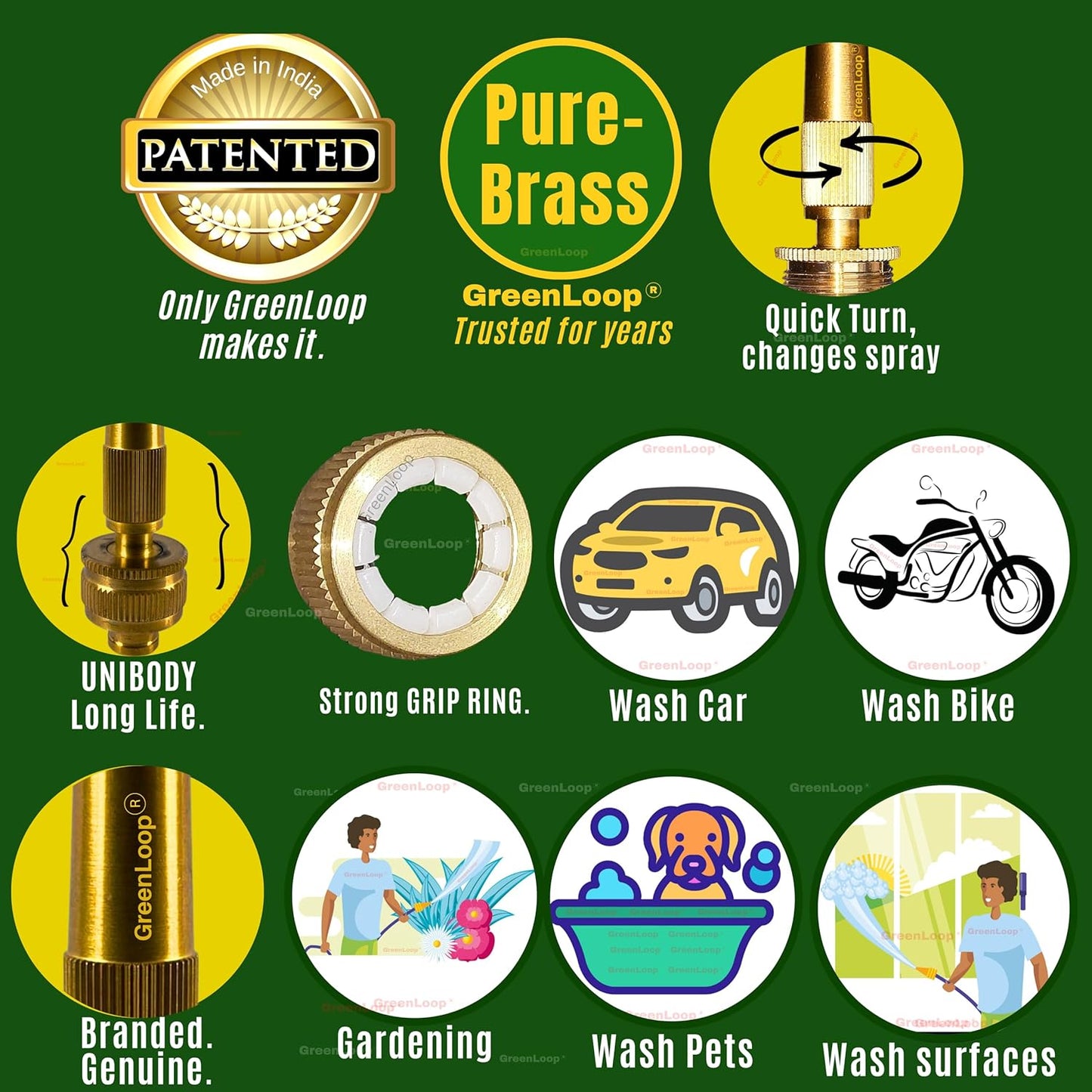 Solid BRASS Water Spray Nozzle for all 1/2” hoses, PATENTED UNIBODY Model, Adjustable Water Jet Spray Gun, High Pressure, Wash Bike-Car-Pets, Garden, 1/2" Half Inch, 1 nos