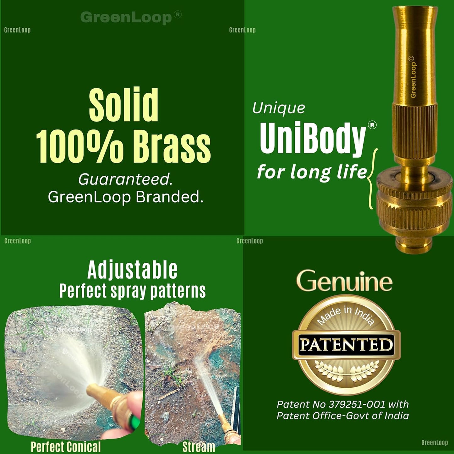 Solid BRASS Water Spray Nozzle for all 1/2” hoses, PATENTED UNIBODY Model, Adjustable Water Jet Spray Gun, High Pressure, Wash Bike-Car-Pets, Garden, 1/2" Half Inch, 1 nos