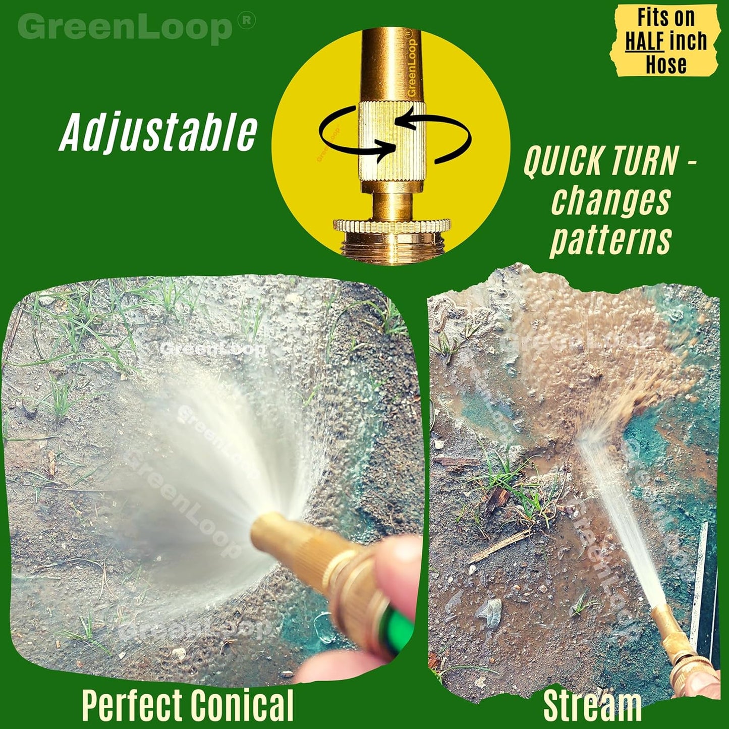 Solid BRASS Water Spray Nozzle for all 1/2” hoses, PATENTED UNIBODY Model, Adjustable Water Jet Spray Gun, High Pressure, Wash Bike-Car-Pets, Garden, 1/2" Half Inch, 1 nos